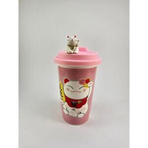 Lucky Cat Maneki Neko Ceramic Tall Drink Mug Cup With Silicone Lid
